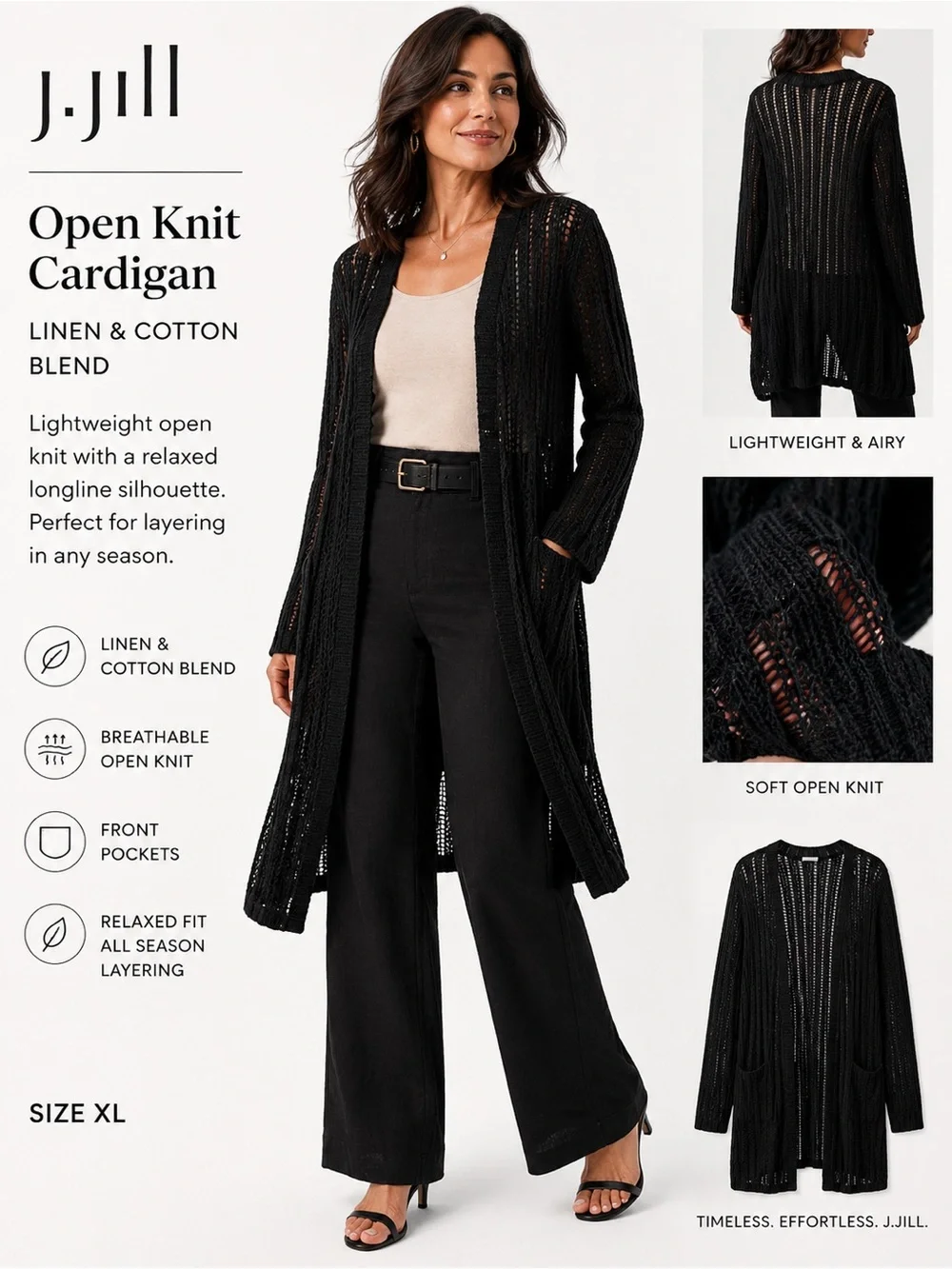 J.Jill Open Knit Longline Cardigan XL Linen & Cotton Black Duster Sweater